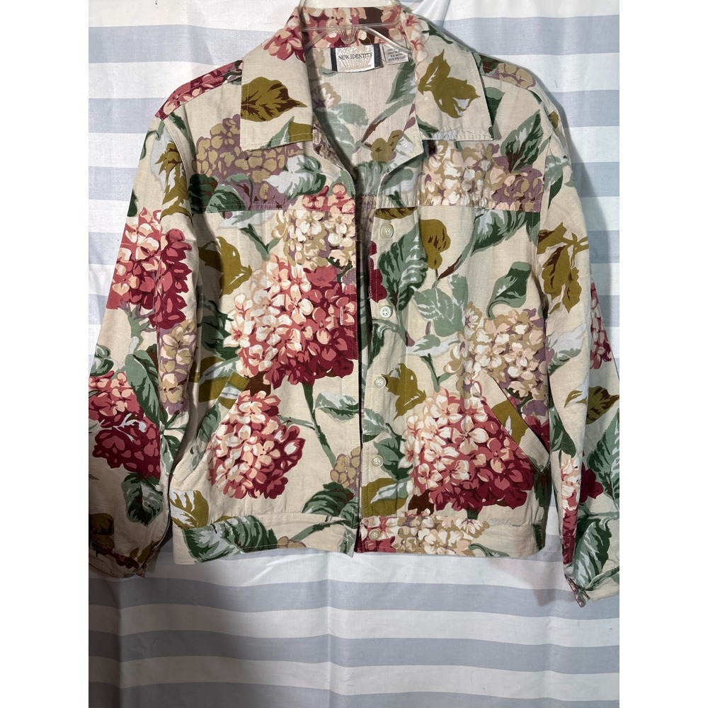 New Identity Vintage Floral Hydrangea Cotton Button Front Jacket Womens Small